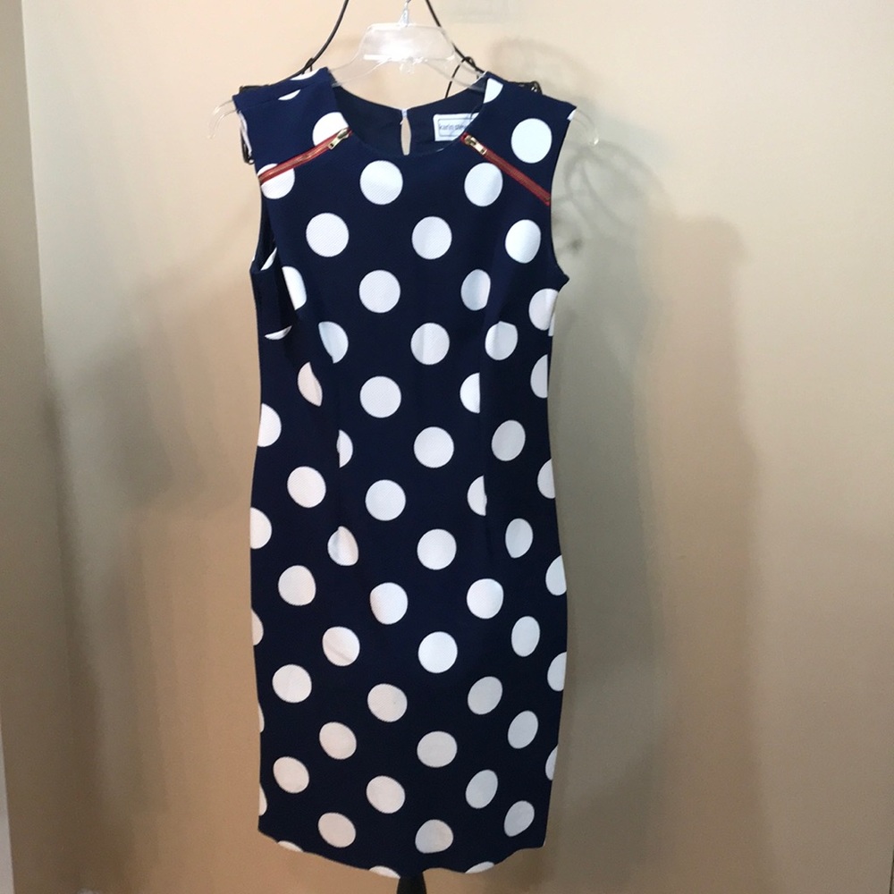 Blue dot dress with red zipper detail